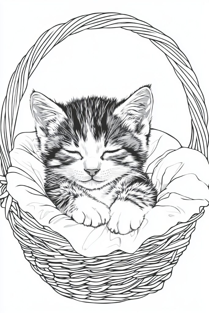 Simple line drawing of a cute cat curled up in a woven basket