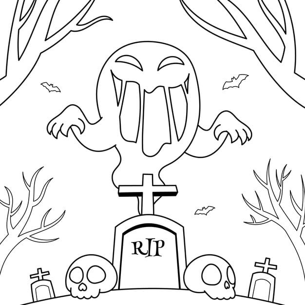 A haunted graveyard illustration with tombstones and eerie details.