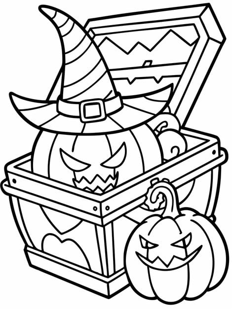 halloween coloring page open chest overflowing with witch hat potions pumpkin inside 969863 315501