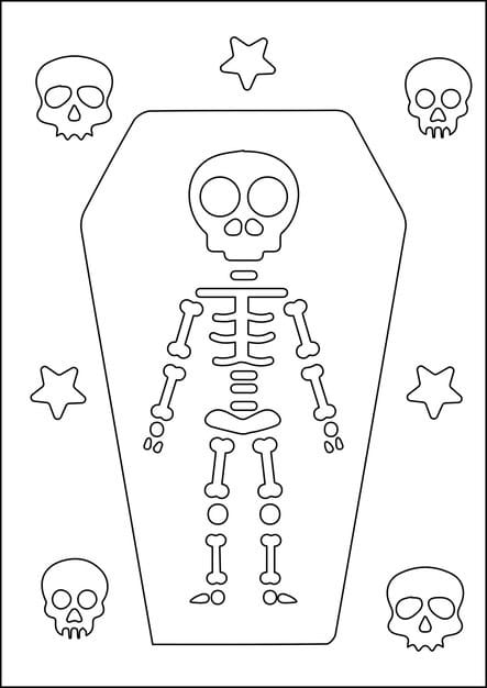 A color-by-number illustration of fun skeletons dancing and participating in Halloween festivities.