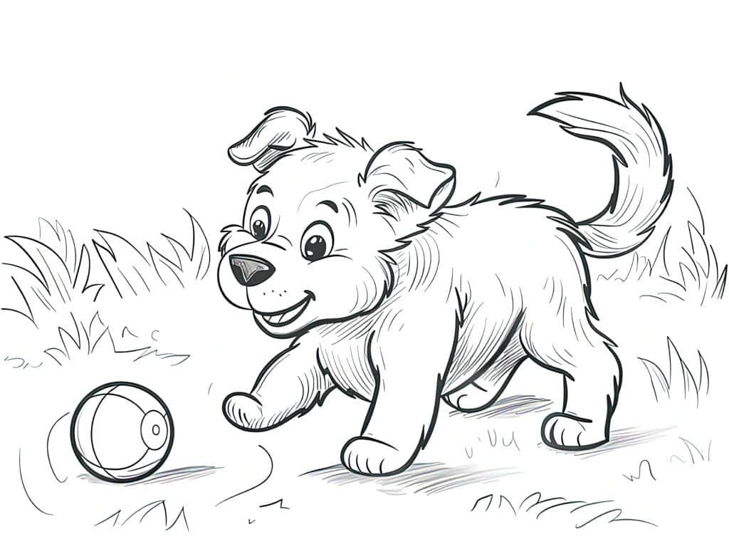 A playful puppy chasing a bright yellow ball in a grassy field.