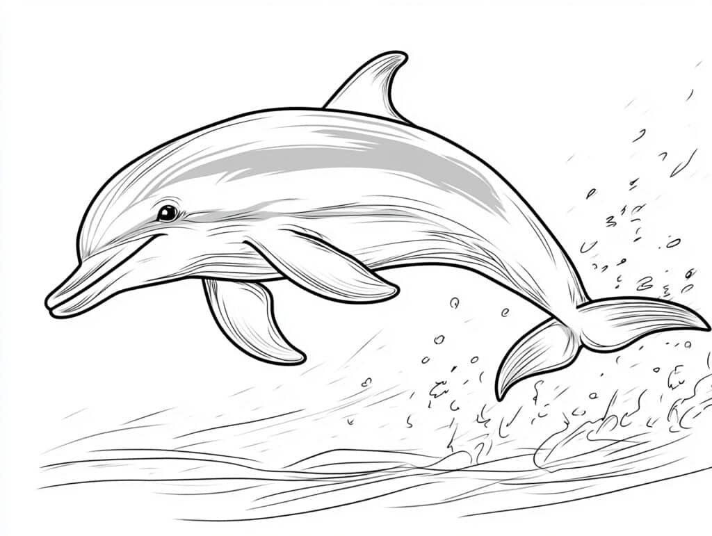 A colorful drawing of a joyful dolphin leaping out of the water against a bright blue sky.