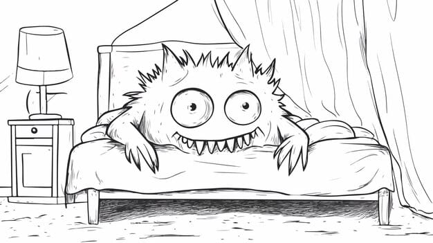 Friendly monsters peeking from under a bed with playful expressions.