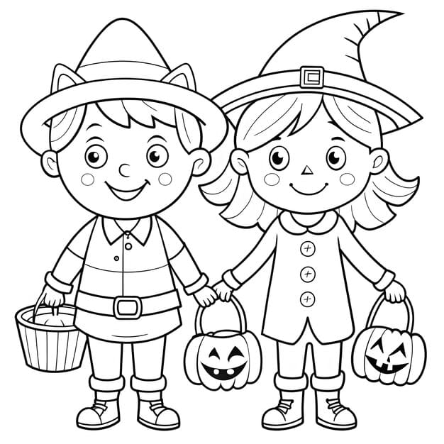 A color-by-number illustration of children in costumes going door-to-door for Halloween candy.