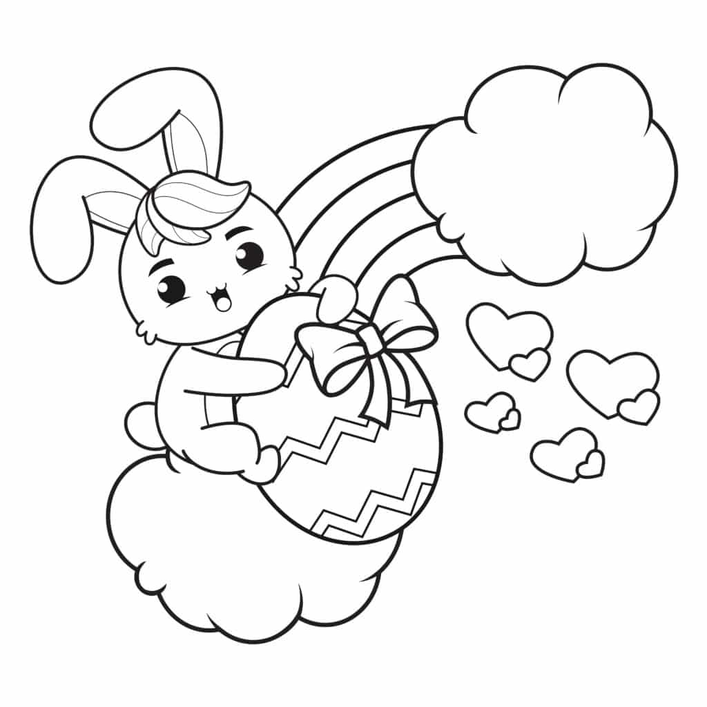 A whimsical bunny sitting on a rainbow with a cheerful expression.