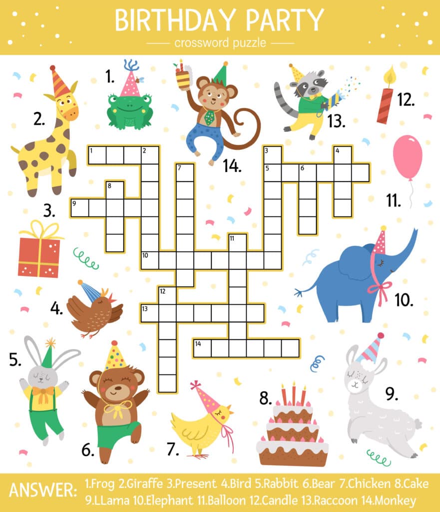 ALT TEXT: A birthday party word search puzzle printed on colorful paper. DESCRIPTION: A fun word search featuring birthday party essentials for guests to enjoy. Caption: Engage guests with a creative birthday party essentials word search! TITLE: Birthday Party Essentials Word Search