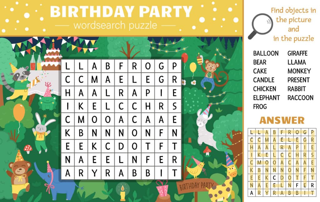 ALT TEXT: A word search puzzle featuring names of famous people born in August.
DESCRIPTION: An engaging word search celebrating famous birthdays, perfect for party entertainment.
Caption: Challenge your guests with a fun word search of famous birthdays!
TITLE: Famous Birthdays Word Search