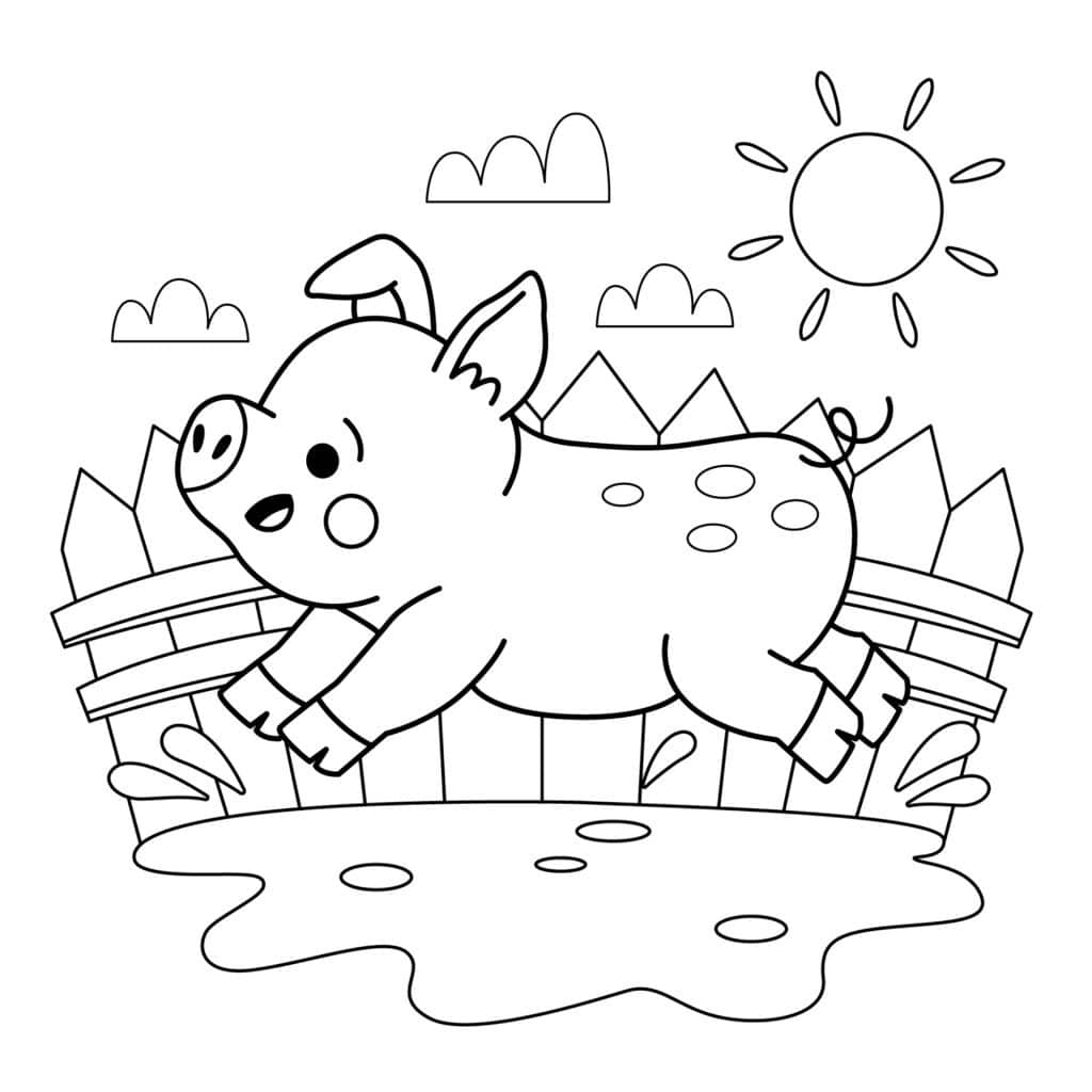 A happy pig on a farm, surrounded by barn animals and lush fields.