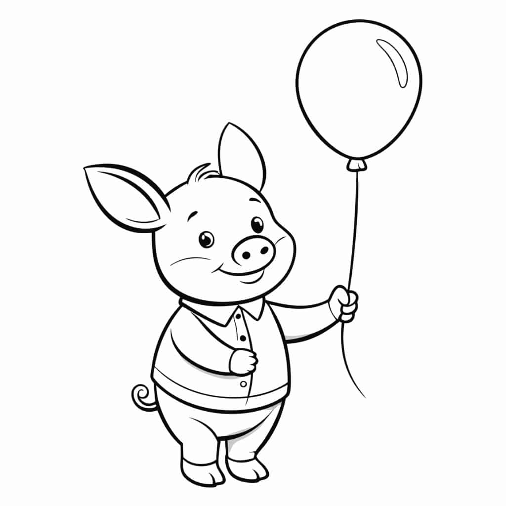 A cheerful pig holding a colorful balloon with a big smile.