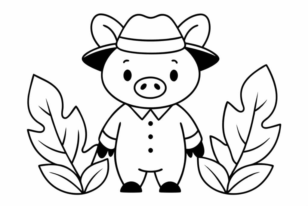 A hardworking pig wearing a farmer’s hat, tending to a garden filled with vegetables.