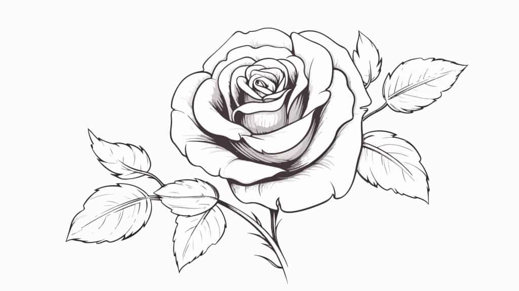 A botanical drawing of a rose, showcasing detailed structure and accuracy.