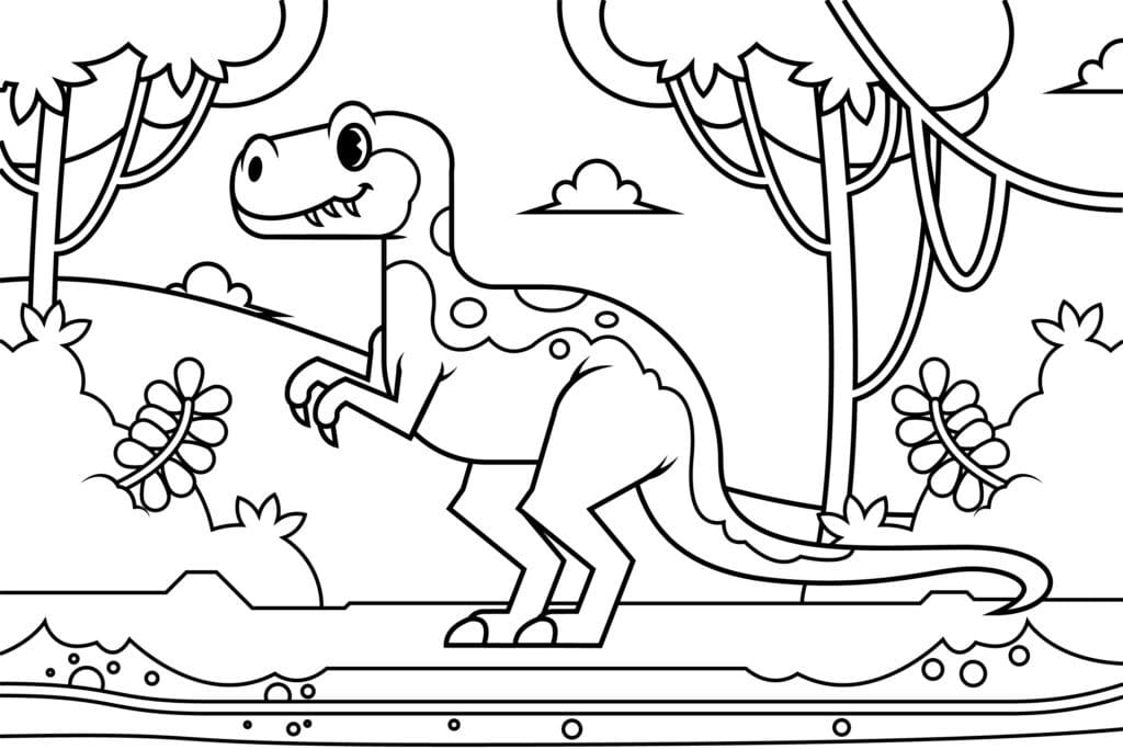 An exciting prehistoric scene filled with dinosaurs roaming through a lush landscape.