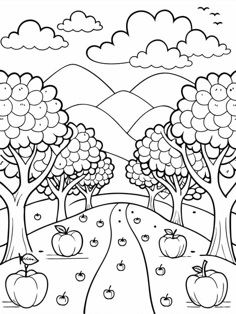 A color by number activity featuring an apple orchard.