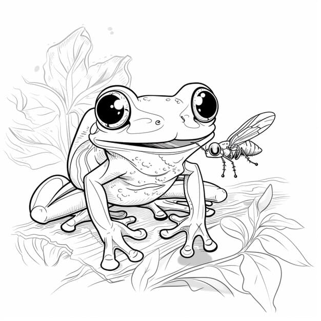 ALT TEXT: A frog poised to catch a dragonfly in nature.
DESCRIPTION: A captivating drawing of a frog and a dragonfly, showcasing their interaction.
**Caption:** Explore nature with this frog and dragonfly drawing!
TITLE: Frog and Dragonfly