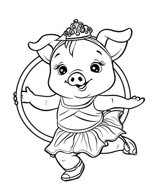 A graceful pig wearing a pink tutu in a ballet pose on stage.