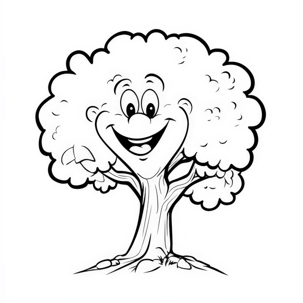 A tree with a smiling face and expressive features.