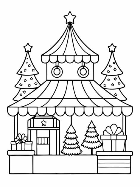 A vibrant Christmas market scene filled with colorful stalls, holiday goodies, and cheerful shoppers amidst a snowy backdrop.