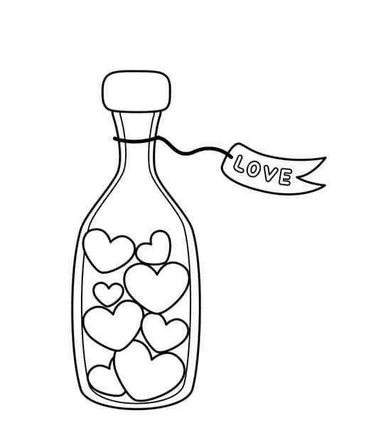 A message in a bottle surrounded by hearts and decorations.