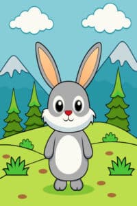 Cute Cartoon Bunny in a Mountainous Meadow