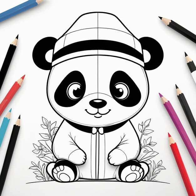 ALT TEXT: A panda surrounded by colorful art supplies.
DESCRIPTION: A playful illustration celebrating creativity with a panda.
Caption: Get inspired to create with this artistic panda drawing!
TITLE: Panda with Art Supplies