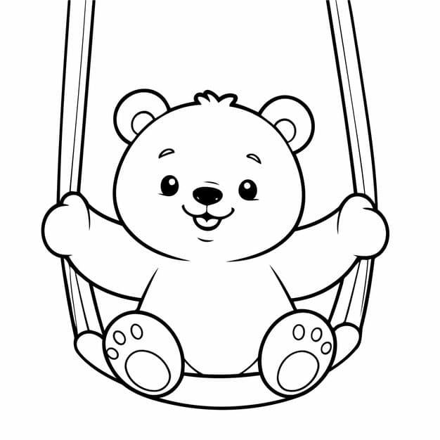 A bear swinging on a swing set.