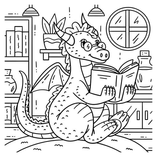 **ALT TEXT**: A majestic dragon with shimmering scales sits comfortably on a rocky ledge, engrossed in a large book. Its big, curious eyes scan the pages as colorful flowers bloom around it, creating a serene and magical atmosphere.

**Description**: A whimsical scene featuring a dragon deeply absorbed in reading a book, perched on a rocky outcrop. The dragon's vibrant scales reflect the sunlight, while its attentive expression conveys a sense of wonder and curiosity. Surrounding it are lush flowers and greenery, adding to the enchanting ambiance of this peaceful moment.

**Title**: "Dragon Reading a Book: A Tale of Adventure"

**Caption**: Discover the magic of storytelling with this dragon as it delves into the pages of adventure and knowledge, showcasing the joy of reading in a beautifully serene setting.