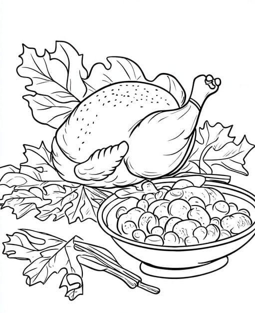 A color by number activity featuring a Thanksgiving feast.