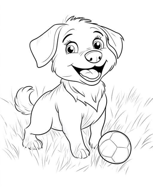 A playful puppy chasing a ball in a grassy field.