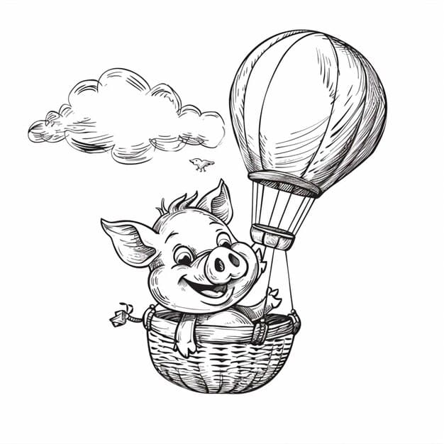 A cheerful pig soaring high in a colorful hot air balloon with a big smile.