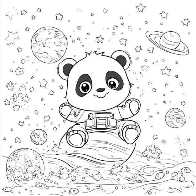 **Alt Text:**  
"A panda floating in space wearing a space suit, with stars, planets, and a distant galaxy in the background."

**Description:**  
"This whimsical drawing features a cute panda floating in the vastness of space. The panda, dressed in a space suit, drifts among stars and colorful planets. The background includes a distant galaxy, adding a cosmic feel to the playful scene."

**Title:**  
"Panda in Space: A Whimsical Space Adventure"

**Caption:**  
"A playful panda explores the universe, floating through space in an adorable cosmic adventure."