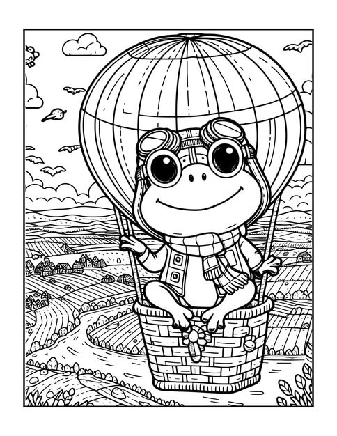 ALT TEXT: A cheerful frog floating in a hot air balloon in the sky.
DESCRIPTION: A whimsical drawing of a frog enjoying a hot air balloon ride.
Caption: Soar to new heights with this frog in a hot air balloon drawing!
TITLE: Frog in a Hot Air Balloon