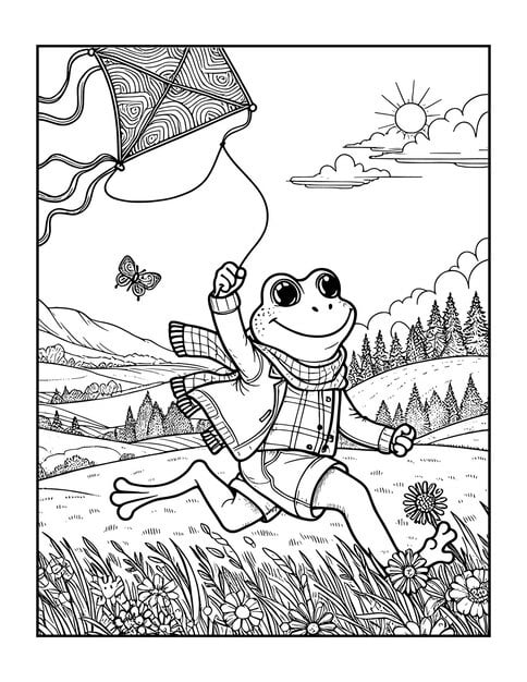 TEXT:** A cheerful frog flying a colorful kite on a sunny day.
DESCRIPTION: A lively drawing of a frog enjoying outdoor play with a kite.
Caption: Soar high with this frog and kite drawing!
TITLE: Frog with a Kite