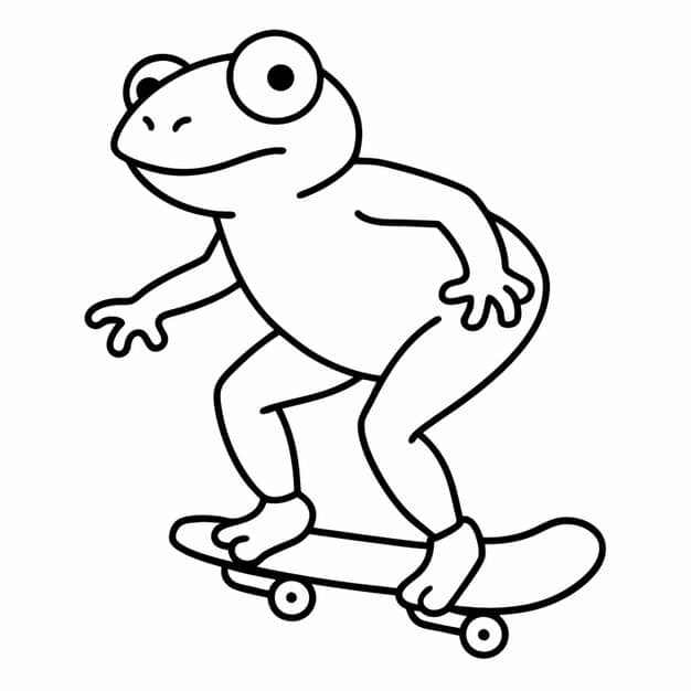 ALT TEXT: A dynamic frog riding a skateboard in an action pose.
DESCRIPTION: A fun drawing of a frog enjoying an exciting skateboard ride.
Caption: Skate into adventure with this frog on a skateboard drawing!
TITLE: Frog on a Skateboard