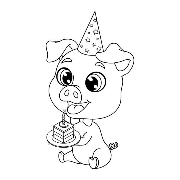 A festive pig wearing a party hat surrounded by balloons and confetti.