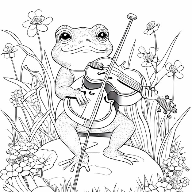 ALT TEXT: A joyful frog playing a musical instrument surrounded by musical notes.
DESCRIPTION: A lively drawing of a frog immersed in playing music.
Caption: Let the music play with this frog playing a musical instrument drawing!
TITLE: Frog Playing a Musical Instrument