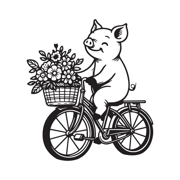 A joyful pig riding a bicycle with a basket full of flowers.