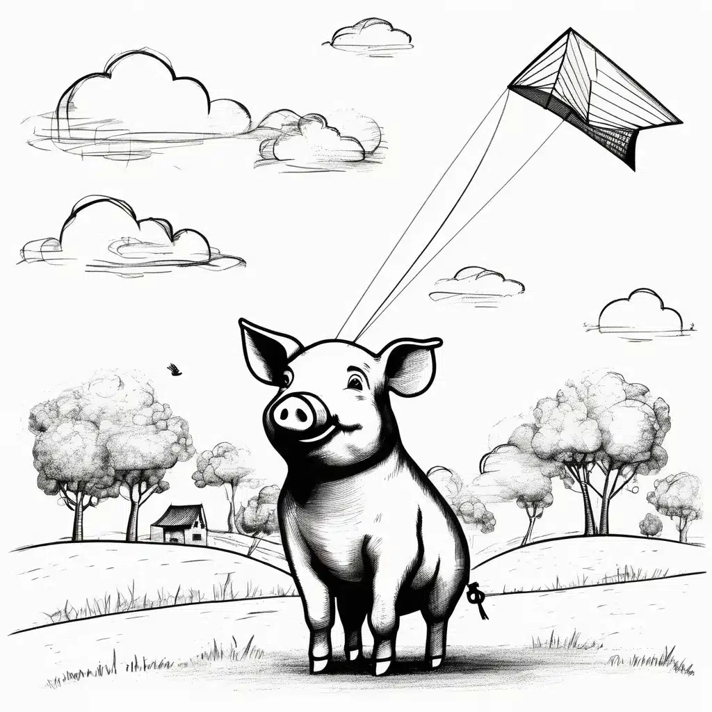  A playful pig flying a colorful kite on a windy day.
