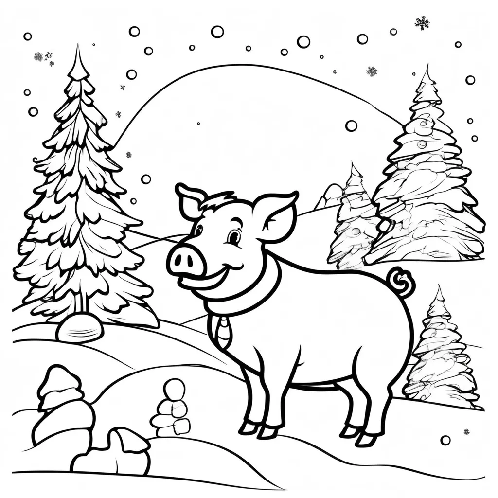 A cheerful pig building a snowman surrounded by snowflakes.
