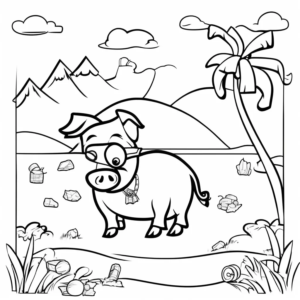 An adventurous pig holding a treasure map surrounded by treasure chests and palm trees.


