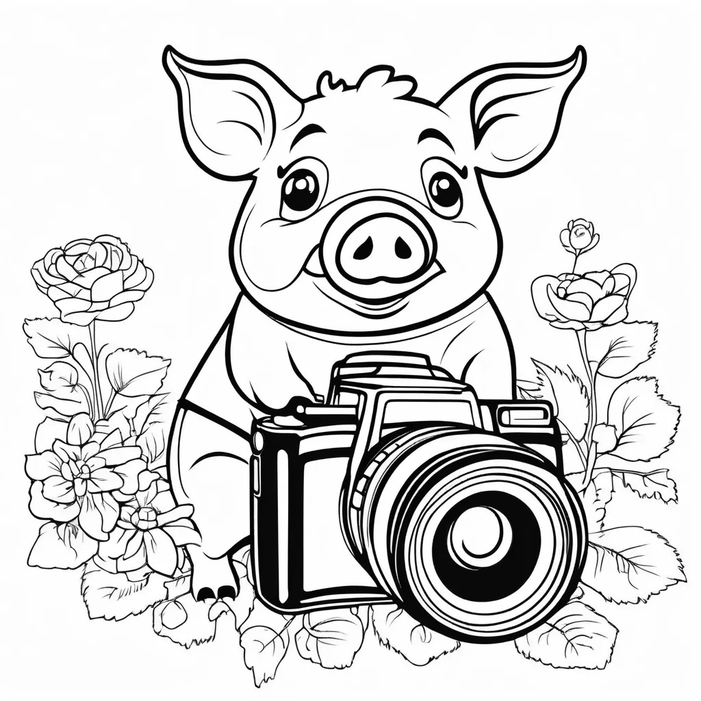  An adventurous pig holding a camera surrounded by scenic elements.
