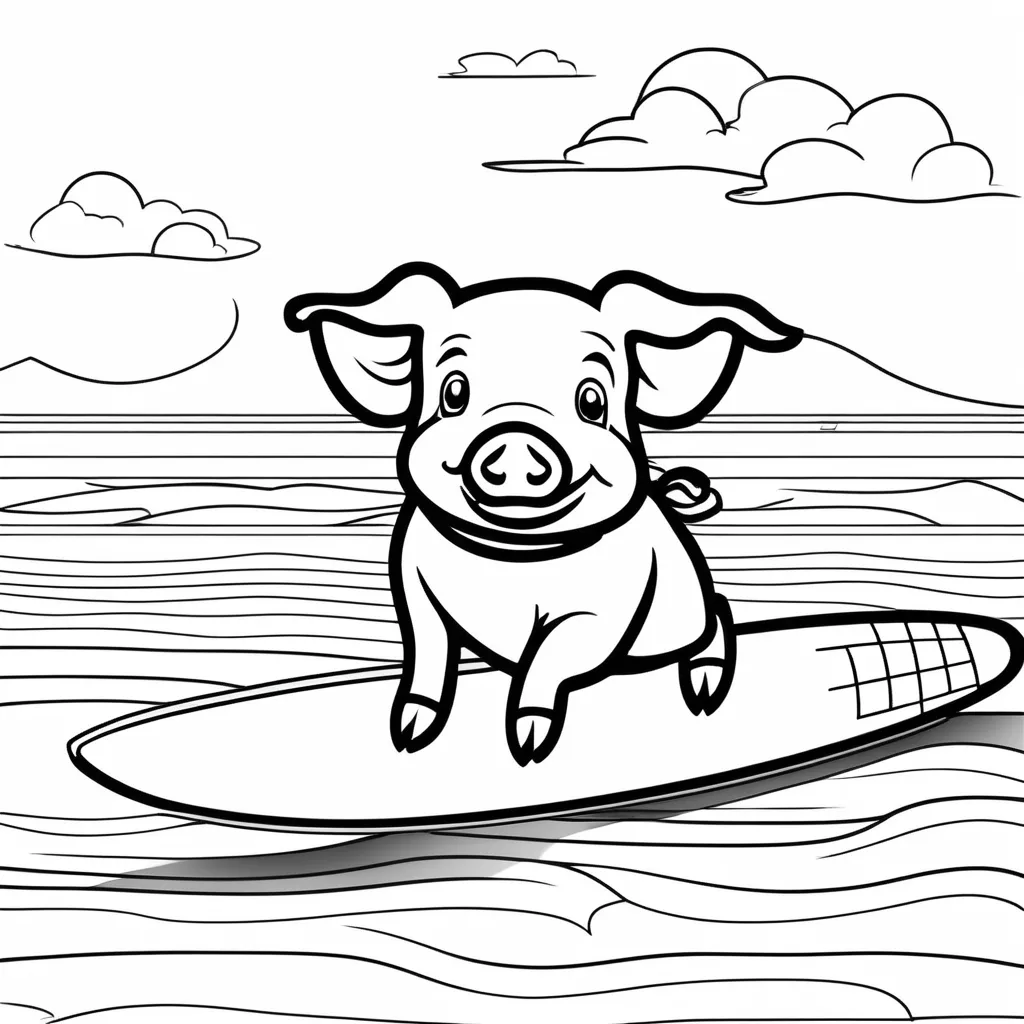 A cool pig holding a surfboard with a confident expression at the beach.

