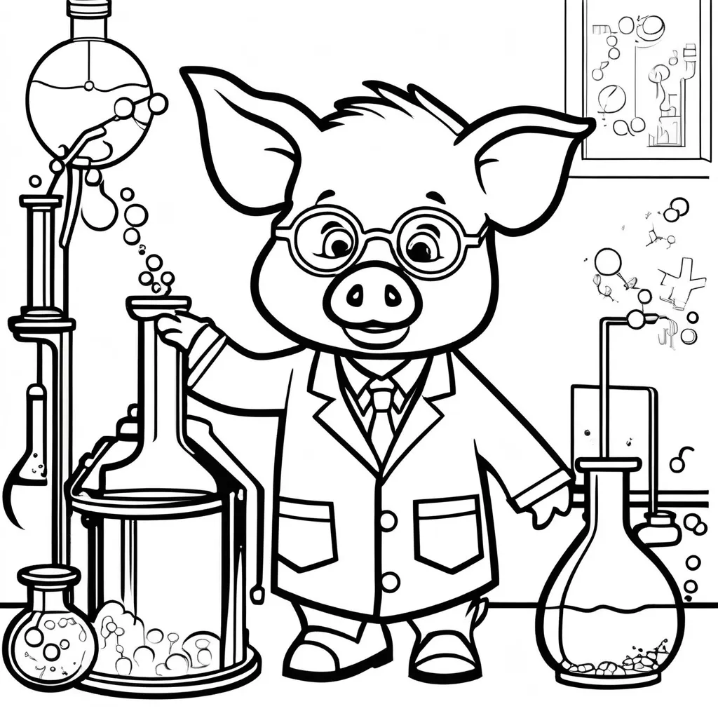 A curious pig dressed as a scientist, surrounded by beakers and lab equipment.
