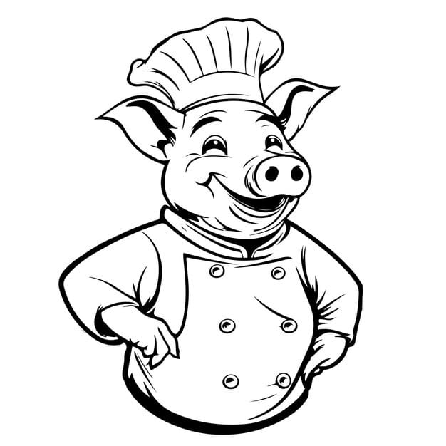 A cheerful pig wearing a chef’s hat, stirring a pot in a colorful kitchen.