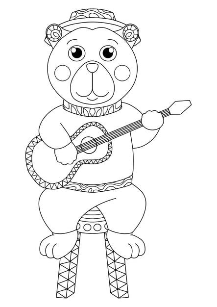 A cool pig playing a guitar with a joyful expression.