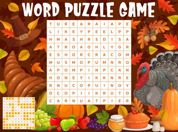 TEXT: A word search featuring Thanksgiving dishes like turkey, stuffing, and pumpkin pie.
DESCRIPTION: A word search focused on traditional Thanksgiving foods that make up a holiday feast.
Caption: Celebrate your Thanksgiving meal with this fun word search featuring all your favorite dishes.
TITLE: Thanksgiving Dinner Feast Word Search