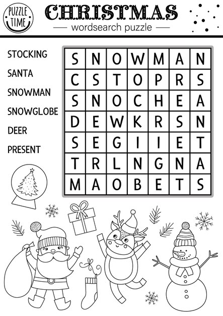 vector black white christmas wordsearch puzzle kids simple new year crossword with santa stocking snowman snow globe present children educational winter holiday keyword activityxa 150240 3274 1 1