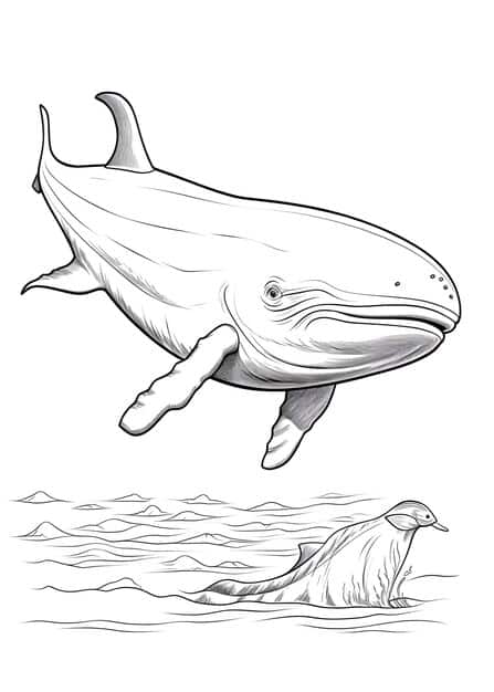 **Title:** Whale on a Wave Drawing

**ALT Text:** A striking drawing of a whale riding atop a large wave, showcasing its powerful body as it leaps through the crest. The wave is depicted with dynamic movement and splashes, emphasizing the whale's majestic presence in the ocean.

**Caption:** A powerful moment captured as a whale rides the crest of a wave, showcasing the beauty and strength of marine life.

**Description:** This "Whale on a Wave" drawing illustrates a breathtaking scene where a whale elegantly rides the crest of a large wave. The whale’s powerful form is highlighted against the backdrop of the curling wave, which is filled with dynamic movement and energy. Splashes of water cascade around the whale, adding a sense of action and excitement to the composition. The use of contrasting colors emphasizes the whale's majestic silhouette against the vibrant blue of the ocean and the white foam of the wave. This artwork celebrates the grace and strength of the whale as it navigates its environment, evoking feelings of awe and admiration for the beauty of marine life in motion.
