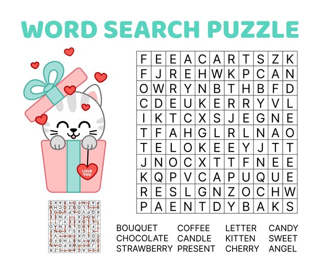 ALT TEXT: A word search puzzle featuring popular Valentine’s Day gifts.
DESCRIPTION: A fun word search focused on gifts that celebrate love and affection.
Caption: Find the perfect gift ideas with this Valentine’s Day gifts-themed word search!
TITLE: Valentine’s Day Gifts