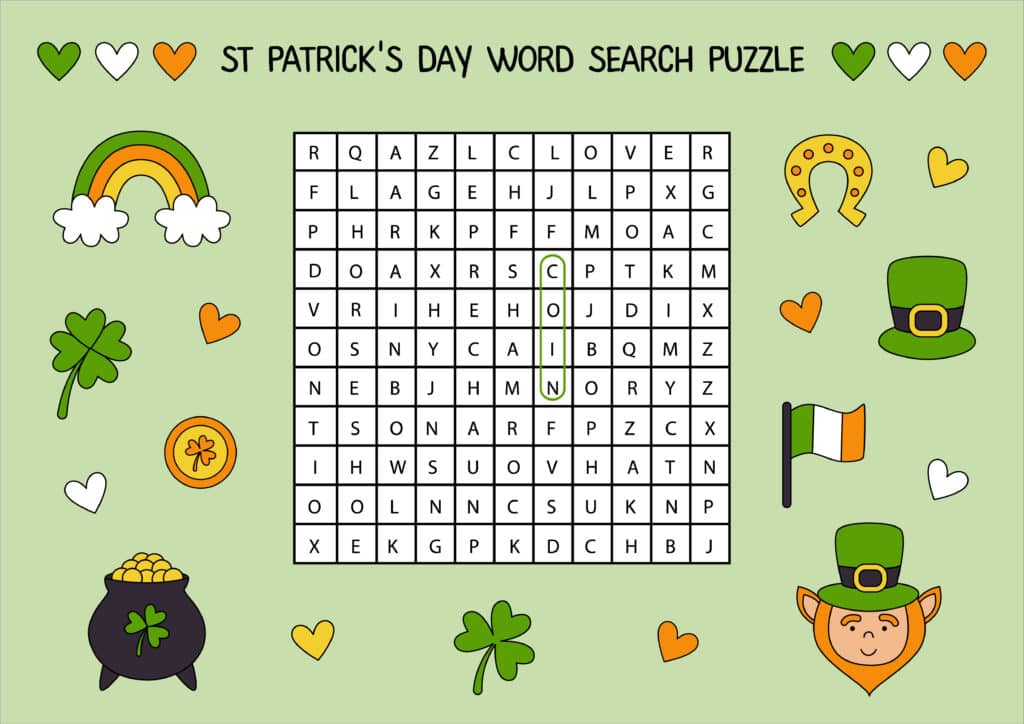 ALT TEXT: A word search puzzle featuring common Irish phrases.
DESCRIPTION: An educational word search highlighting phrases from the Irish language for St. Patrick’s Day.
Caption: Learn the beauty of the Irish language with this engaging phrase word search!
TITLE: Irish Phrases