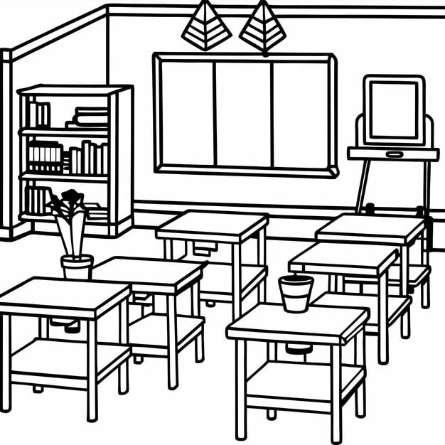 basic classroom featuring teachers desk desks chalkboard coloring pages 579306 4269